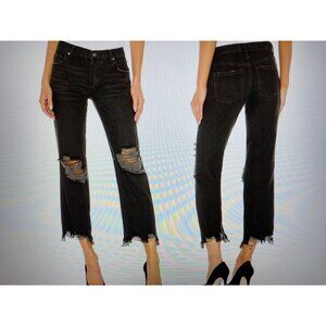 Free People Jeans Black Denim Maggie Distressed Straight Leg